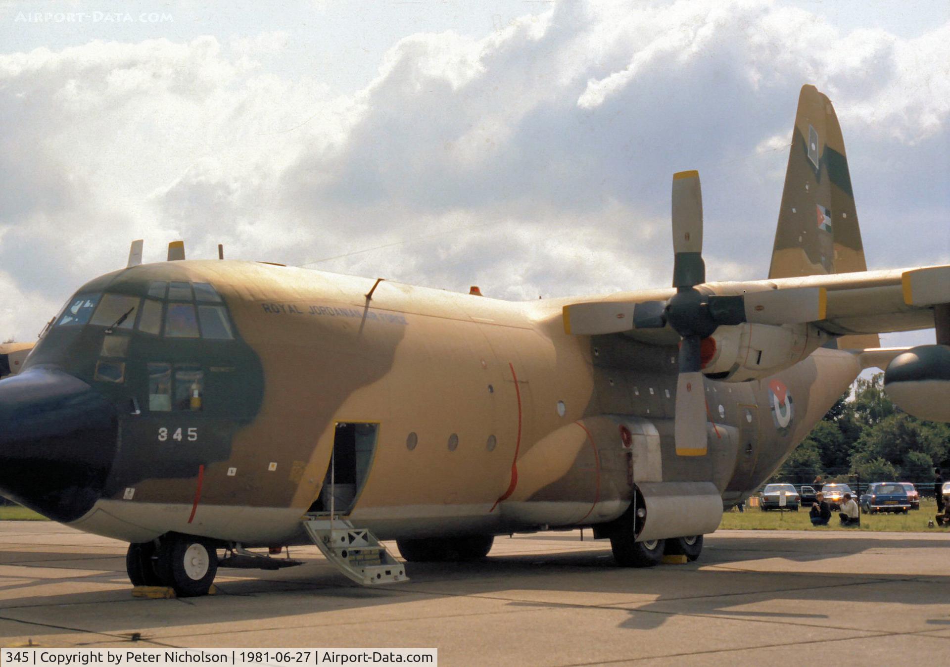 345, 1979 Lockheed C-130H Hercules C/N 382-4813, C-130H Hercules of 3 Squadron Royal Jordanian Air Force on display at the 1981 Intnl Air Tattoo at RAF Greenham Common.