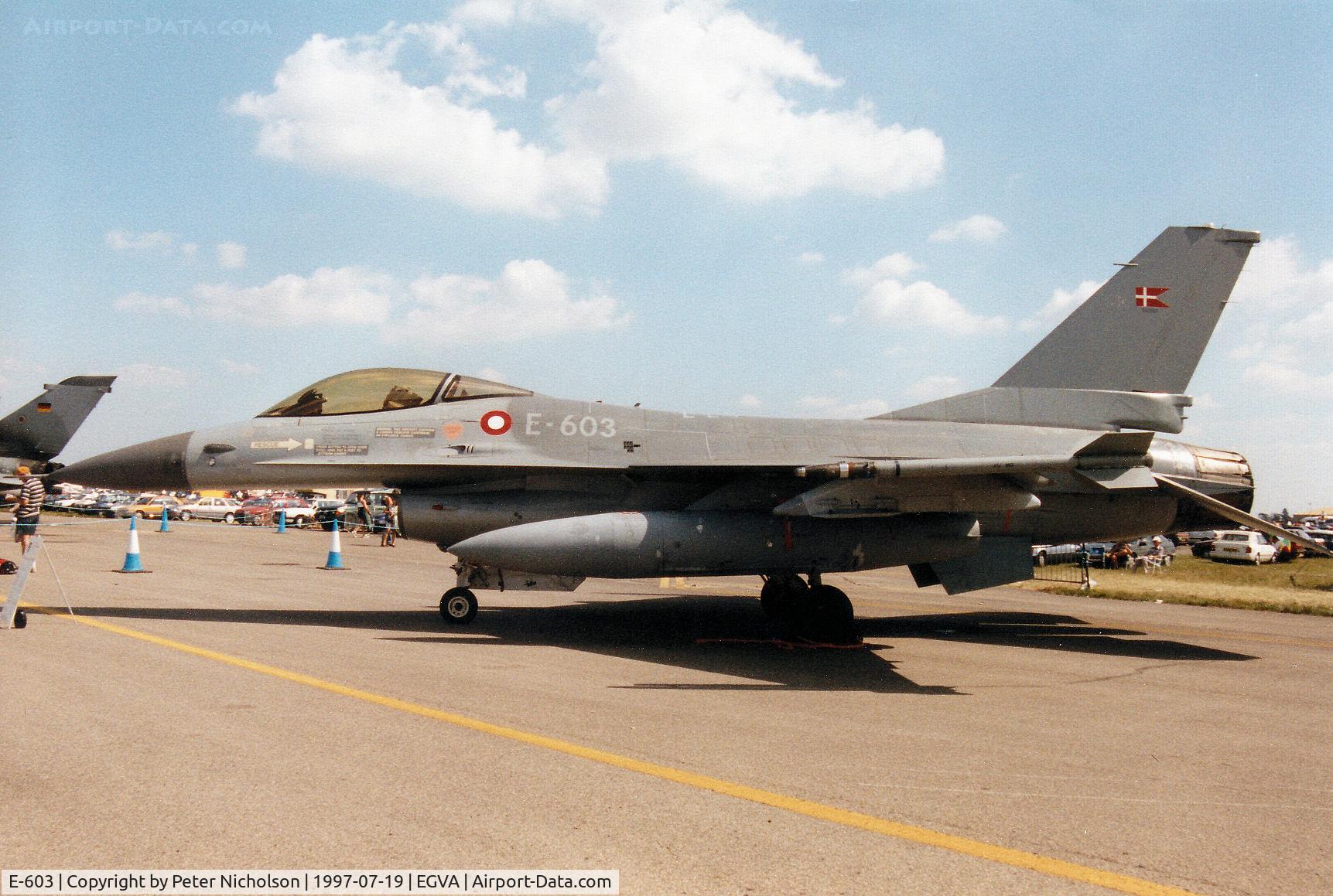 E-603, SABCA F-16AM Fighting Falcon C/N 6F-38, F-16A Falcon of Eskradille 727 Royal Danish Air Force on display at the 1997 Intnl Air Tattoo at RAF Fairford.