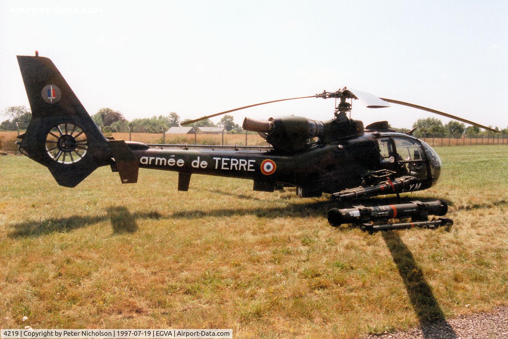 4219, Aérospatiale SA-342M Gazelle C/N 2219, SA 342M Gazelle, callsign FMY 8455, of 1 RHC (Combat Helicopter Regiment) French Army on display at the 1997 Intnl Air Tattoo at RAF Fairford.