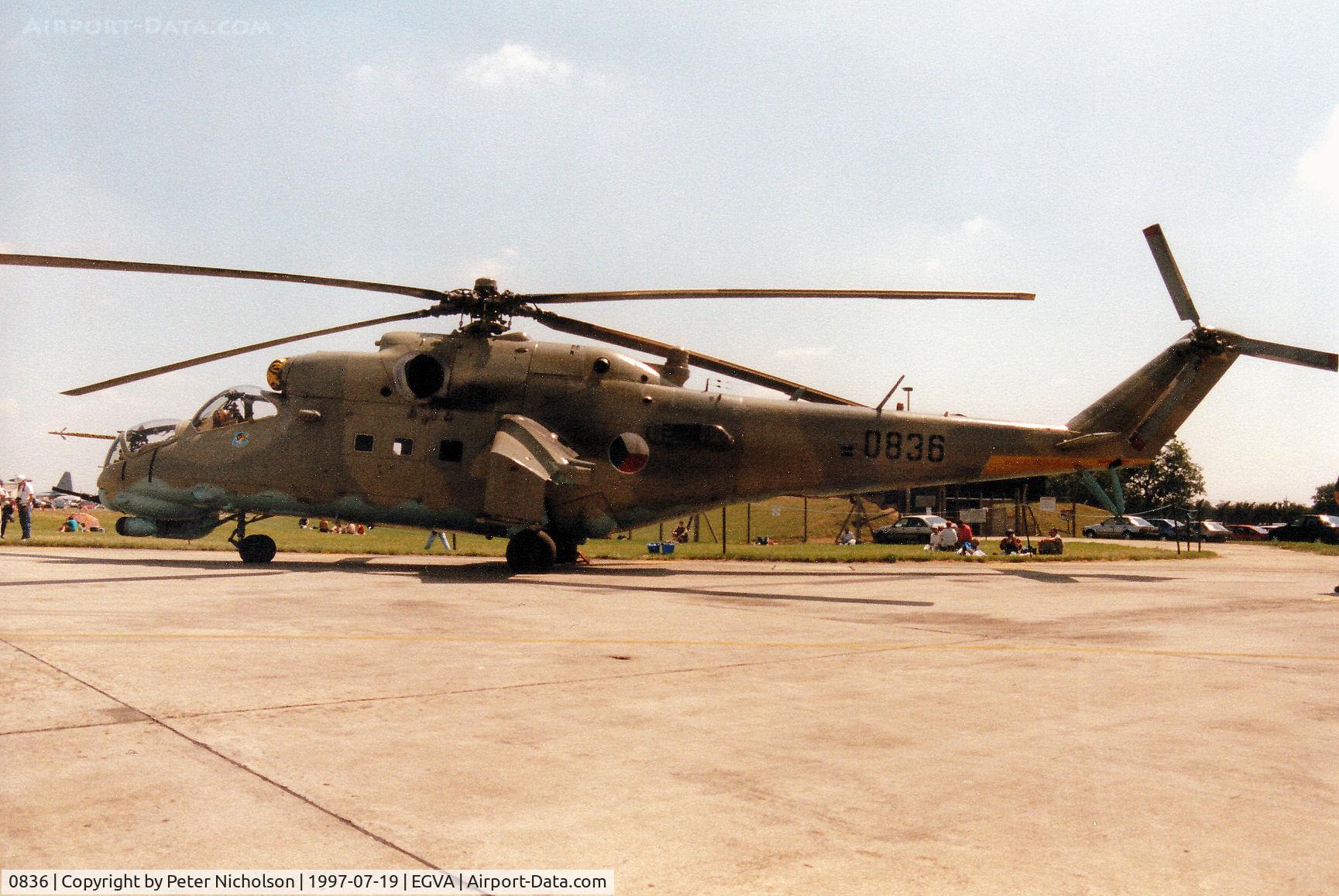 0836, Mil Mi-24V Hind E C/N 730836, Another view of this Hind helicopter gunship of the Czech Air Force on display at the 1997 Intnl Air Tattoo at RAF Fairford.