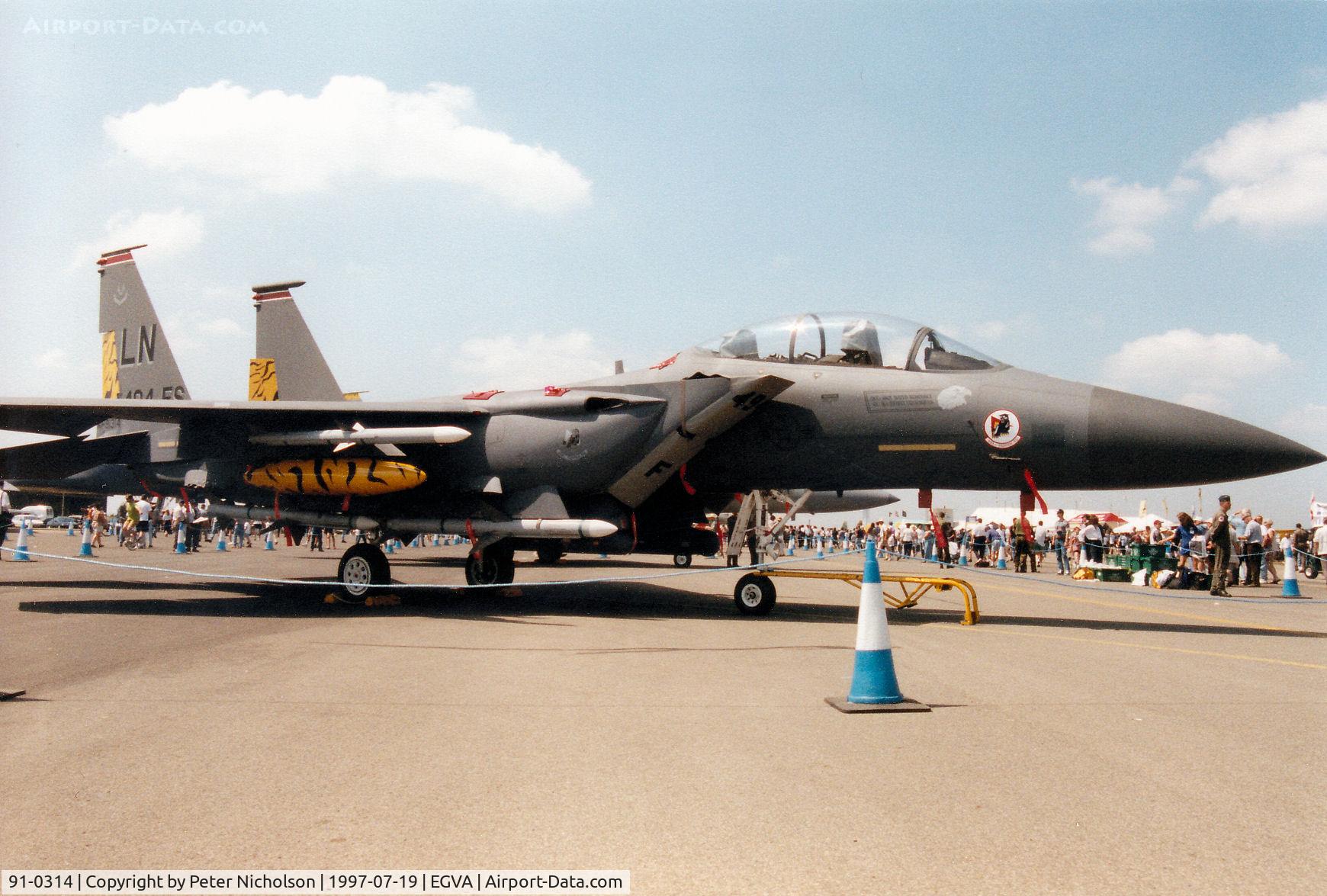 91-0314, 1991 McDonnell Douglas F-15E Strike Eagle C/N 1221/E179, Strike Eagle, callsign Shifty 21, of 494th Fighter Squadron of RAF Lakenheath's 48th Fighter Wing on display at the 1997 Intnl Air Tattoo at RAF Fairford - NATO Tigers - Hard To Be Humble.