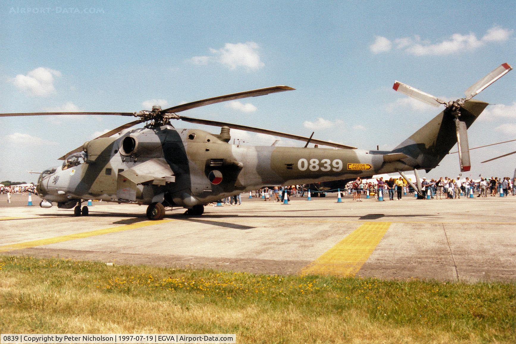 0839, Mil Mi-24V Hind E C/N 730839, Hind helicopter gunship of 331 Squadron Czech Air Force on display at the 1997 Intnl Air Tattoo at RAF Fairford.