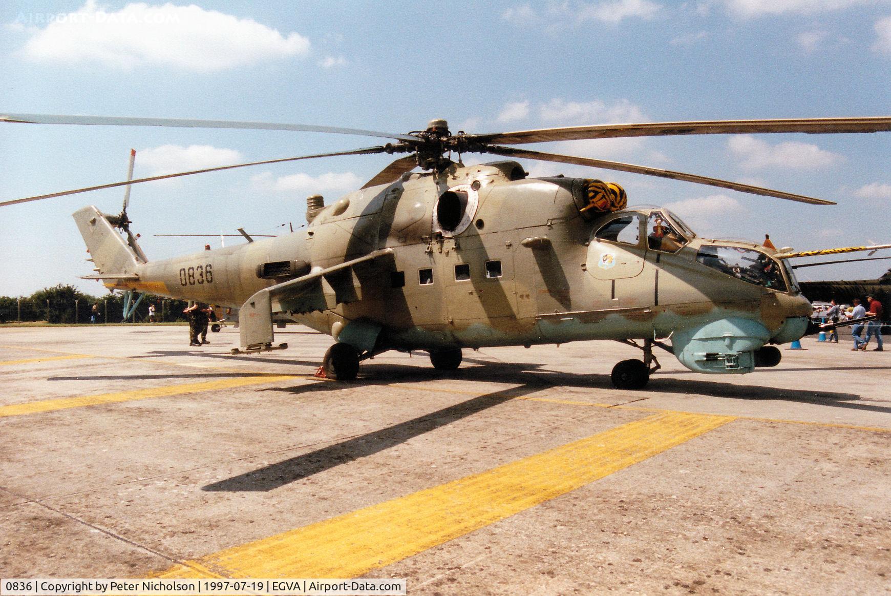 0836, Mil Mi-24V Hind E C/N 730836, Another view of the 331 Squadron Czech Air Force Hind gunship on display at the 1997 Intnl Air Tattoo at RAF Fairford.