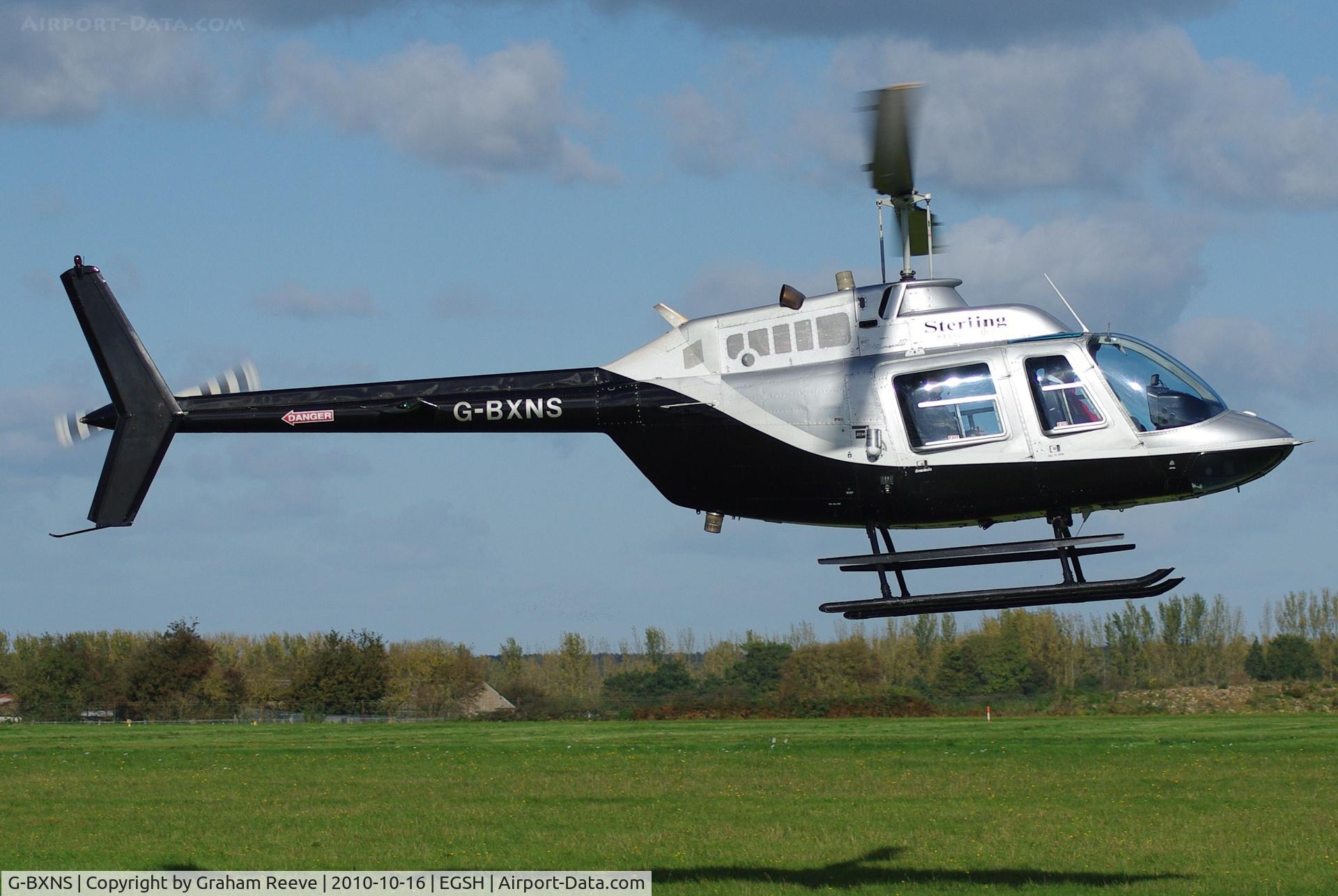 G-BXNS, 1977 Bell 206B JetRanger III C/N 2385, Landing at Norwich.
