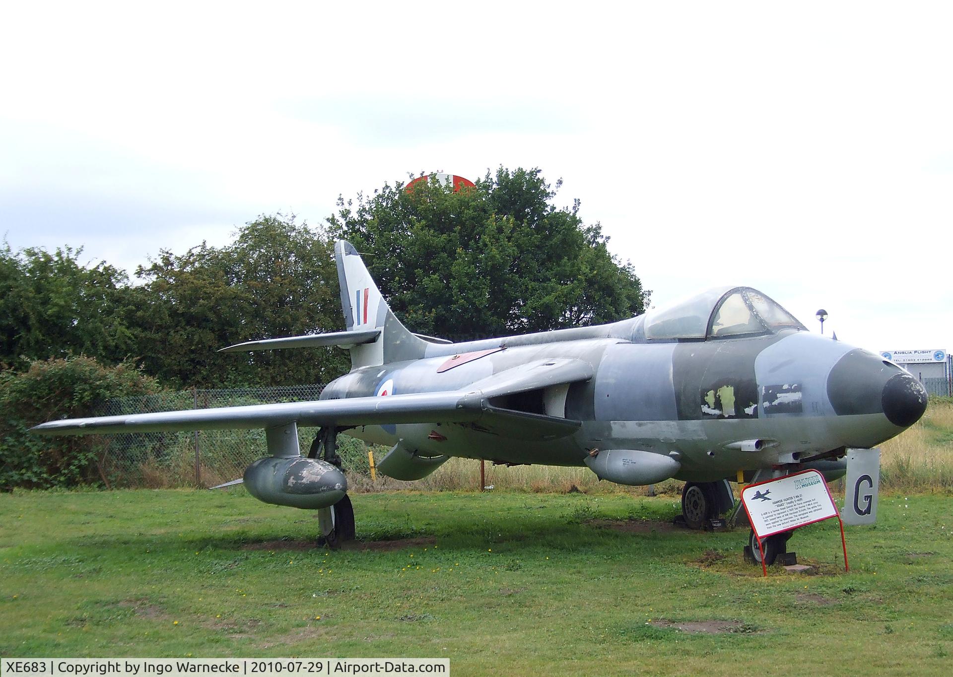 XE683, 1956 Hawker Hunter F.51 C/N 41H/680271, Hawker Hunter F51 (ex Danish AF E-409), painted and marked to represent an F Mk4 of the RAF at the City of Norwich Aviation Museum