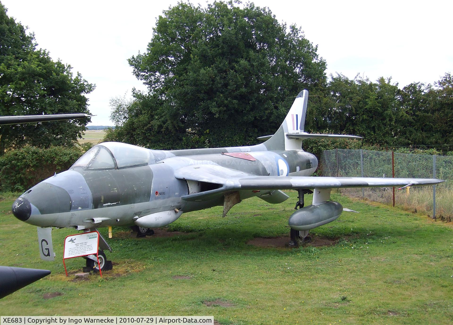 XE683, 1956 Hawker Hunter F.51 C/N 41H/680271, Hawker Hunter F51 (ex Danish AF E-409), painted and marked to represent an F Mk4 of the RAF at the City of Norwich Aviation Museum