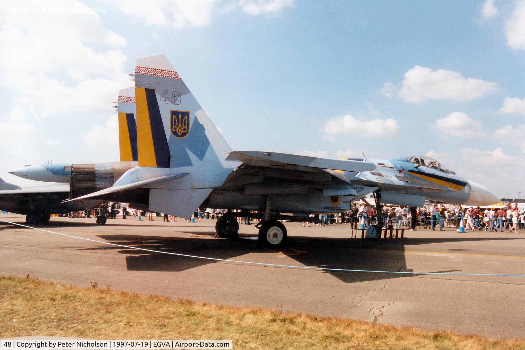 48, Sukhoi Su-27A C/N 36911014411, Ukranian Air Force Su-27 Flanker B on display at the 1997 Intnl Air Tattoo at RAF Fairford.