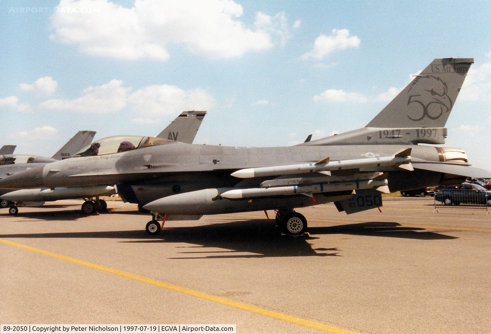 89-2050, 1989 General Dynamics F-16C Fighting Falcon C/N 1C-203, F-16C Falcon, callsign Spike 02, of 510th Fighter Squadron/31st Fighter Wing at Aviano Air Base on display at the 1997 Intnl Air Tattoo at RAF Fairford.