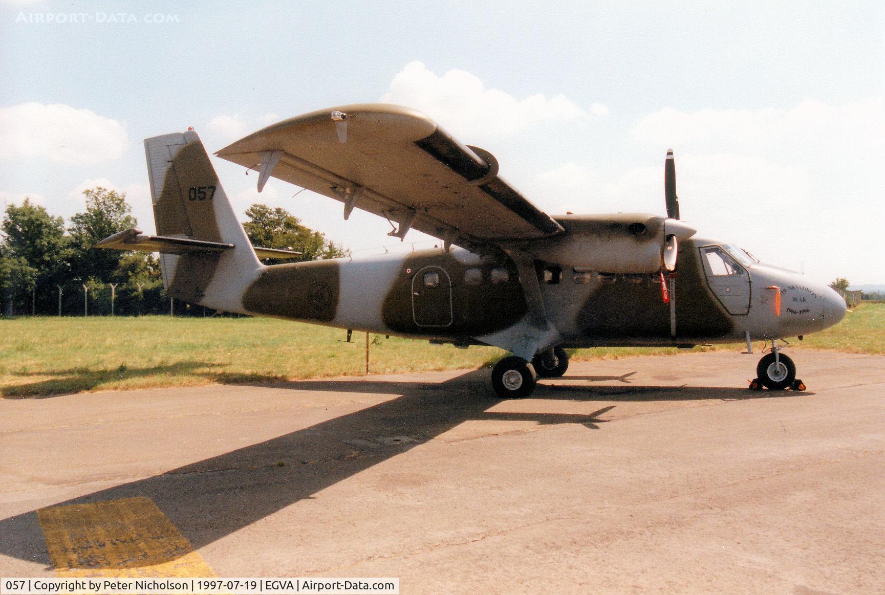 057, 1967 De Havilland Canada DHC-6-100 Twin Otter C/N 57, Twin Otter 100, callsign Norwegian 7057, of 719 Skv Royal Norwegian Air Force on display at the 1997 Intnl Air Tattoo at RAF Fairford - 30th anniversary markings on the nose.