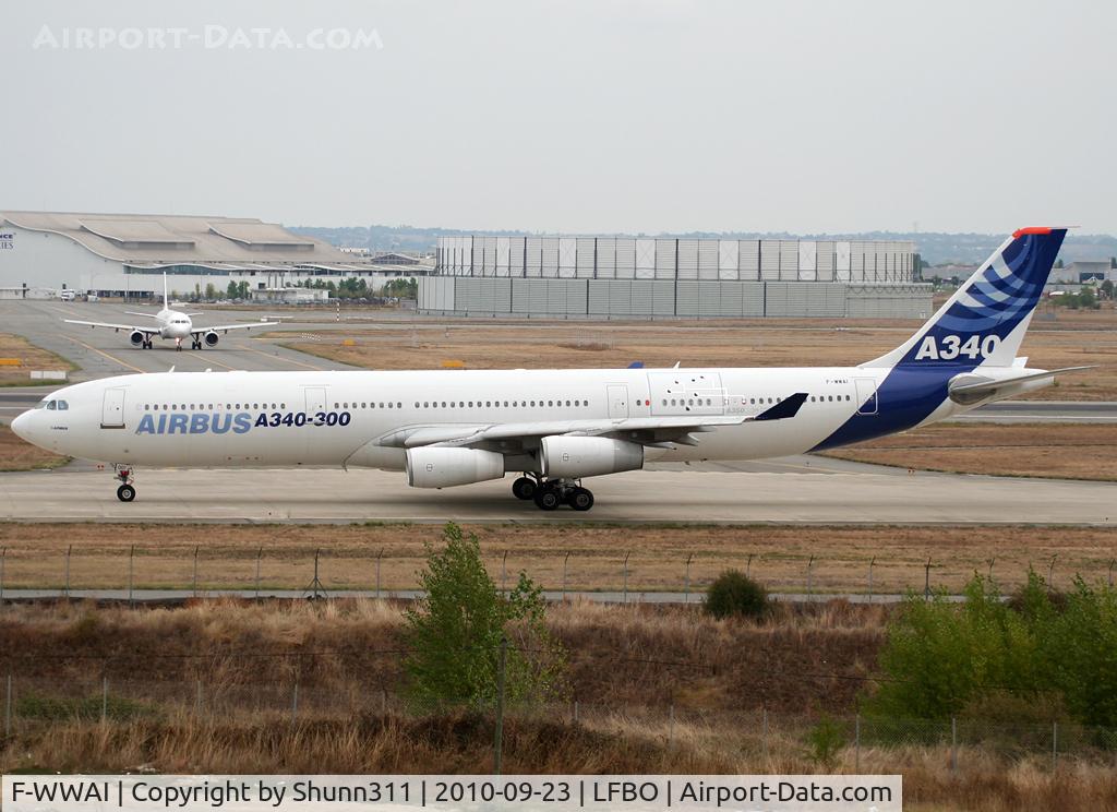 F-WWAI, 1991 Airbus A340-311 C/N 001, Taxiing holding point rwy 14R... Additional Demonstrator panel for the A350XWB