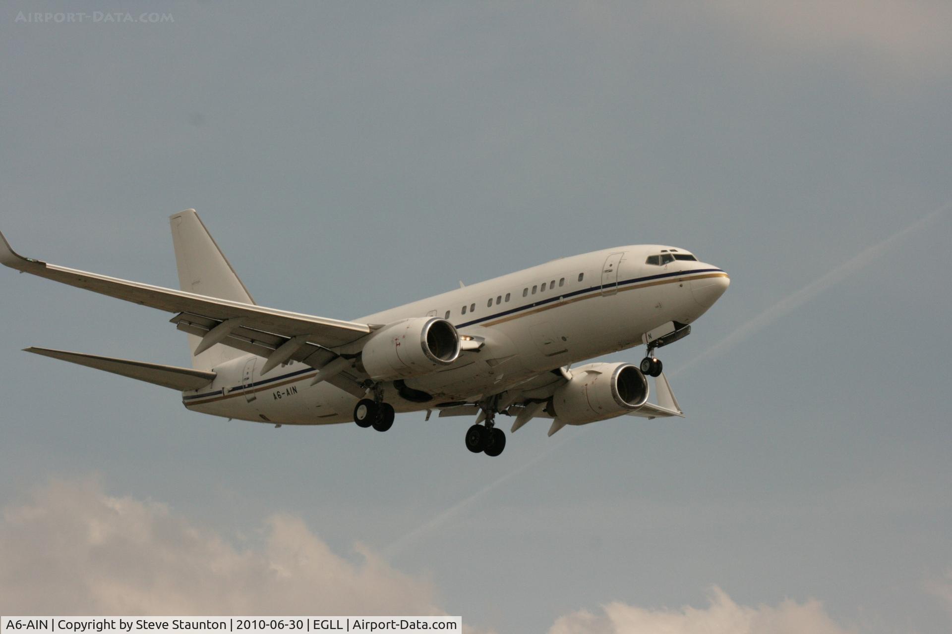 A6-AIN, 1999 Boeing 737-7Z5 BBJ C/N 29268, Taken at Heathrow Airport, June 2010