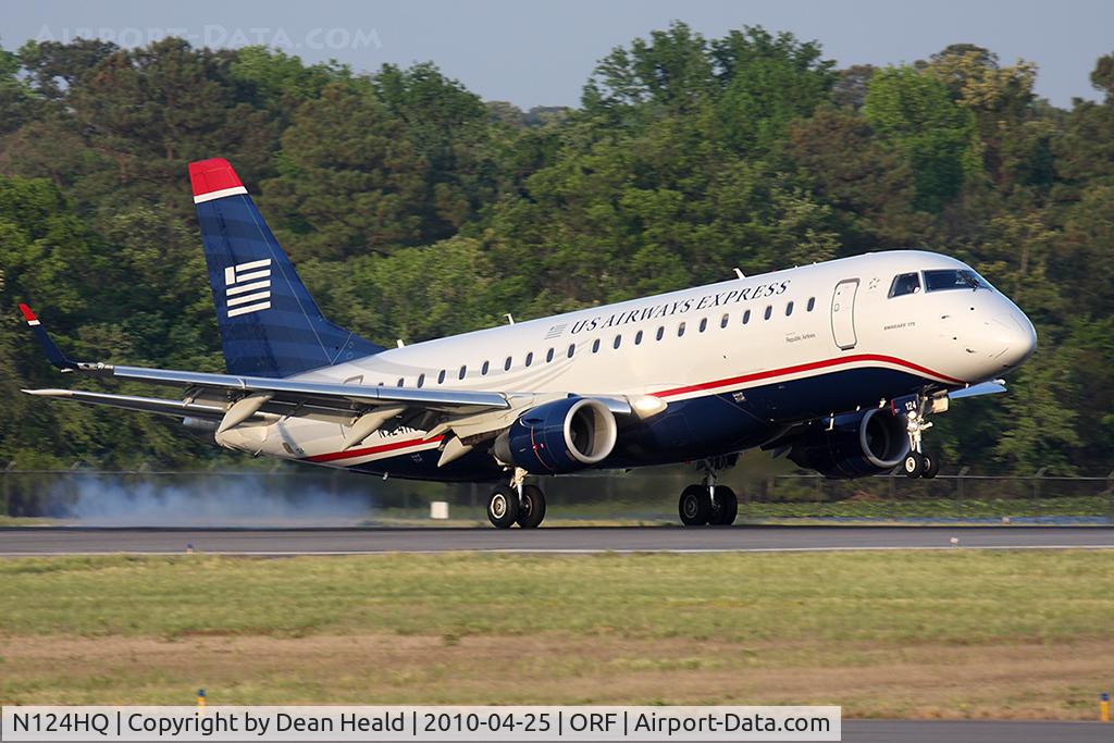 N124HQ, 2007 Embraer 175LR (ERJ-170-200LR) C/N 17000200, US Airways Express (Republic Airlines) N124HQ landing RWY 23.