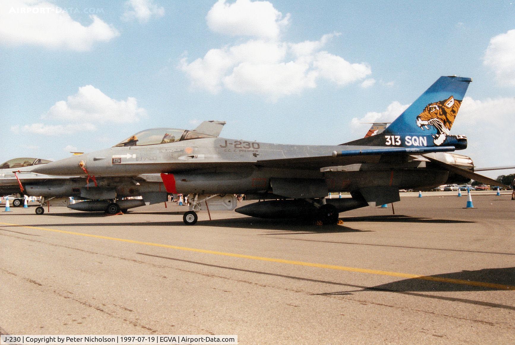J-230, 1978 Fokker F-16A Fighting Falcon C/N 6D-19, F-16A Falcon, callsign Tiger 81, of 313 Squadron Royal Netherlands Air Force on display at the 1997 Intnl Air Tattoo at RAF Fairford.