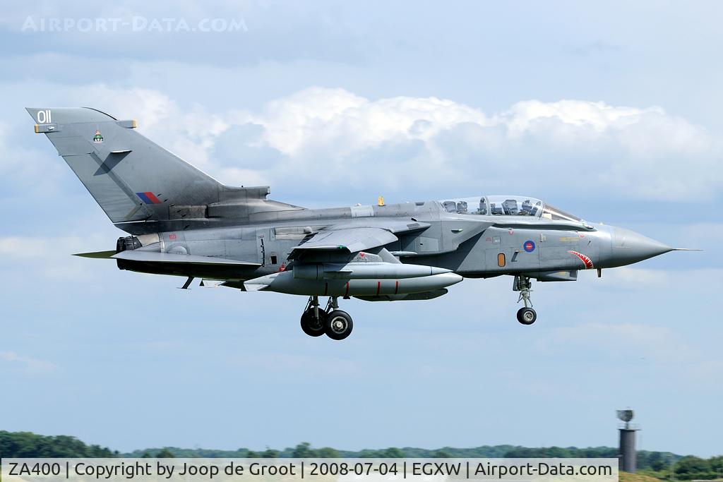ZA400, 1982 Panavia Tornado GR.4A C/N 204/BS067/3099, Tornado of the Operation Telic attach force landing at Waddington. The badge of the combined Tornado Strike Wing is at the fin.