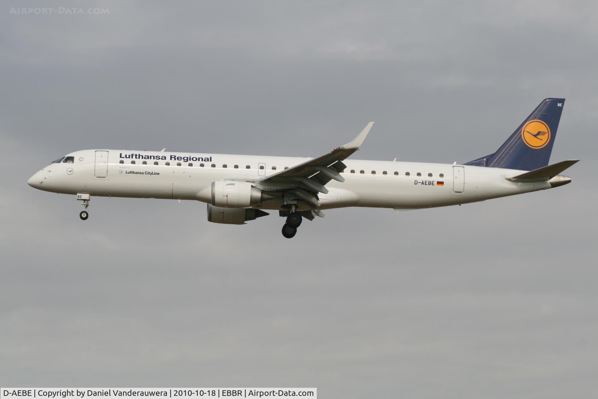 D-AEBE, 2010 Embraer 195LR (ERJ-190-200LR) C/N 19000350, Arrival of flight LH4604 to RWY 25L