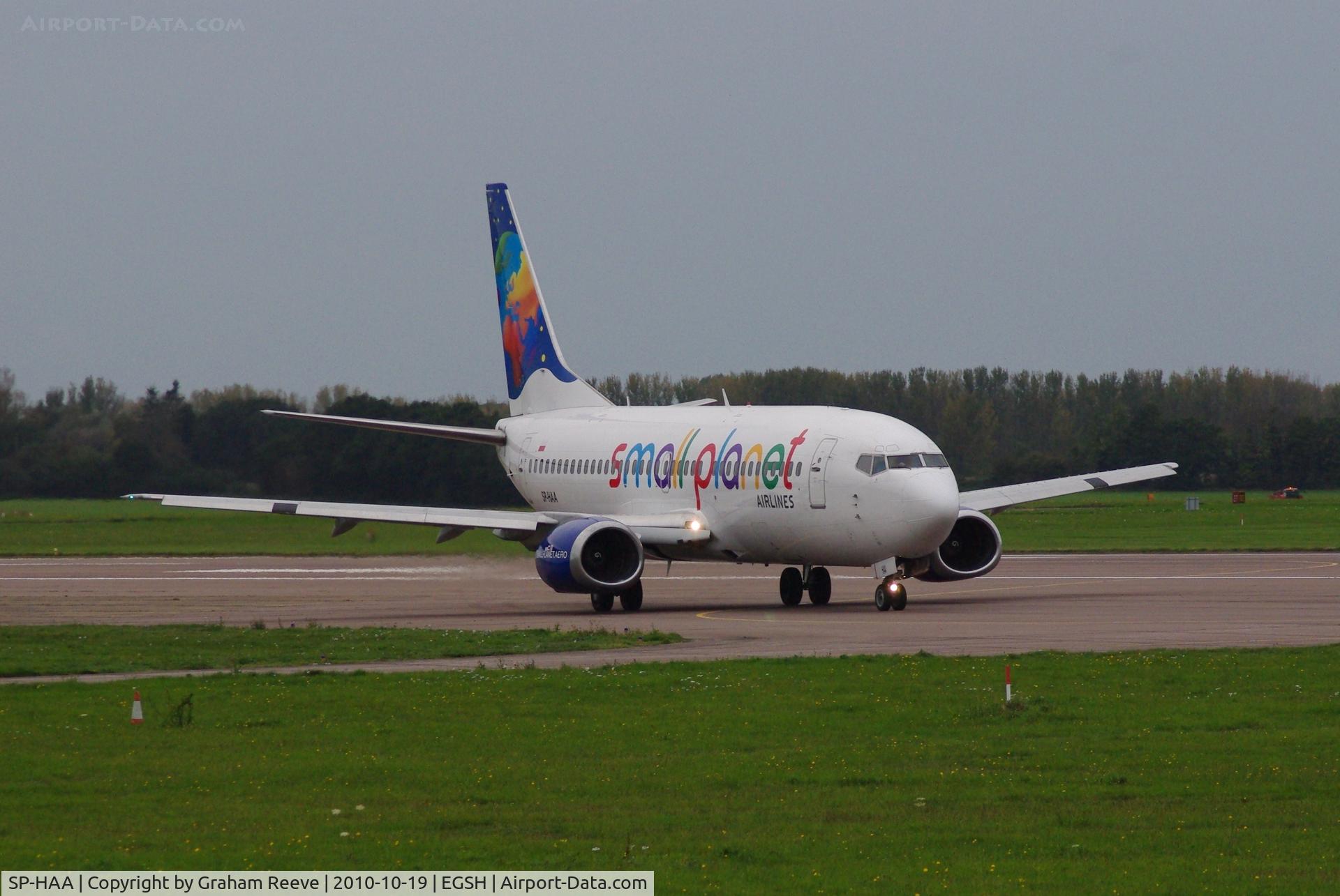 SP-HAA, 1990 Boeing 737-322 C/N 24664, About to depart from Norwich.