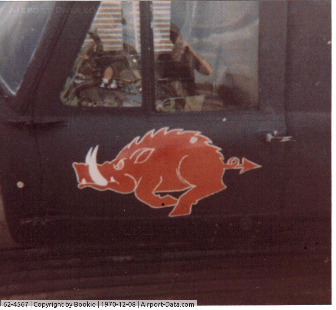 62-4567, 1962 Bell UH-1B Iroquois C/N 627, Here is the co-pilot's door with our Razorback insignia.  Look closely and you'll see a few schrapnel dings where the paint is chipped off.  This happened on 8 DEC 70.  The bad guys almost got me.