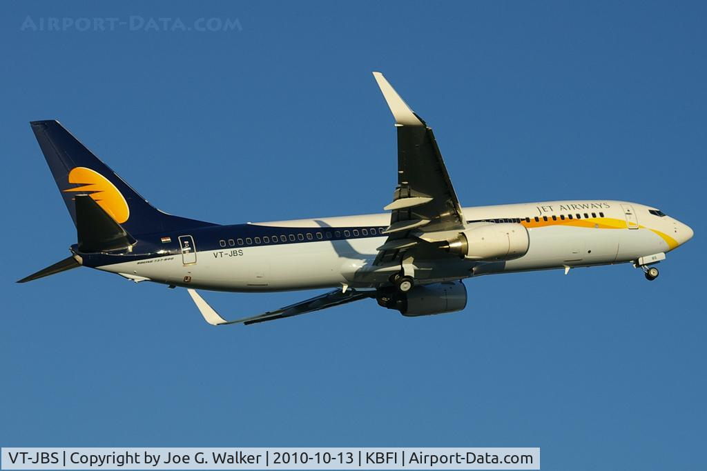 VT-JBS, 2010 Boeing 737-85R C/N 36698, Jet Airways 737-85R seen departing BFI on a late evening test flight.