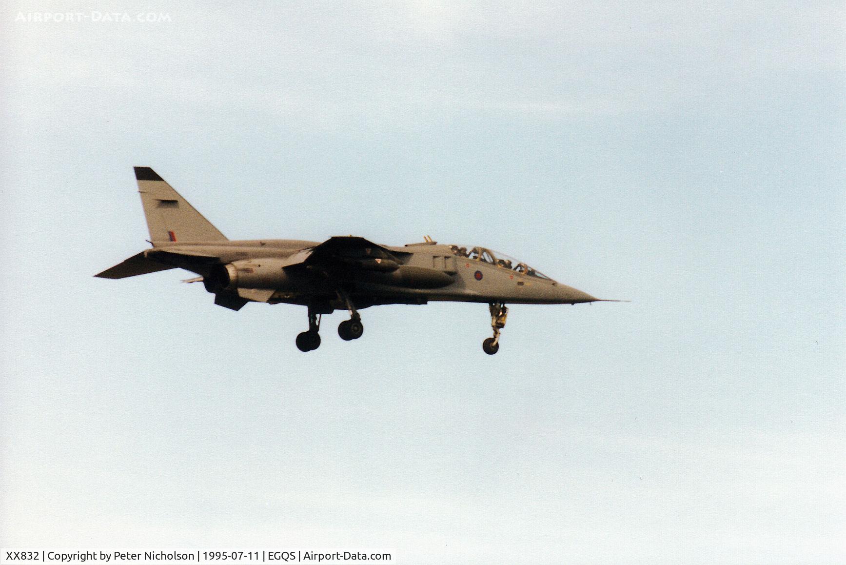 XX832, 1974 Sepecat Jaguar T.2A C/N B.20, Jaguar T.2A, callsign Wombat 1, of 16[Reserve] Squadron landing at RAF Lossiemouth in the Summer of 1995.
