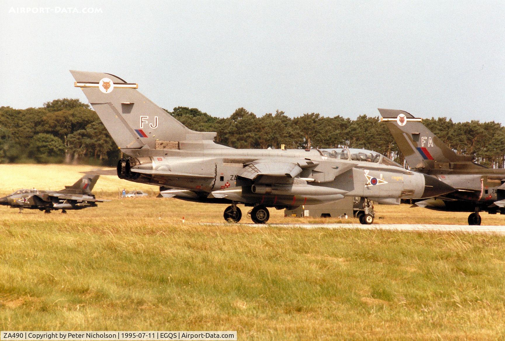 ZA490, 1983 Panavia Tornado GR.1B C/N 305/BS106/3142, Tornado GR.1B of 12 Squadron lining up for take-off on Runway 05 at RAF Lossiemouth for a mission in the Summer of 1995.
