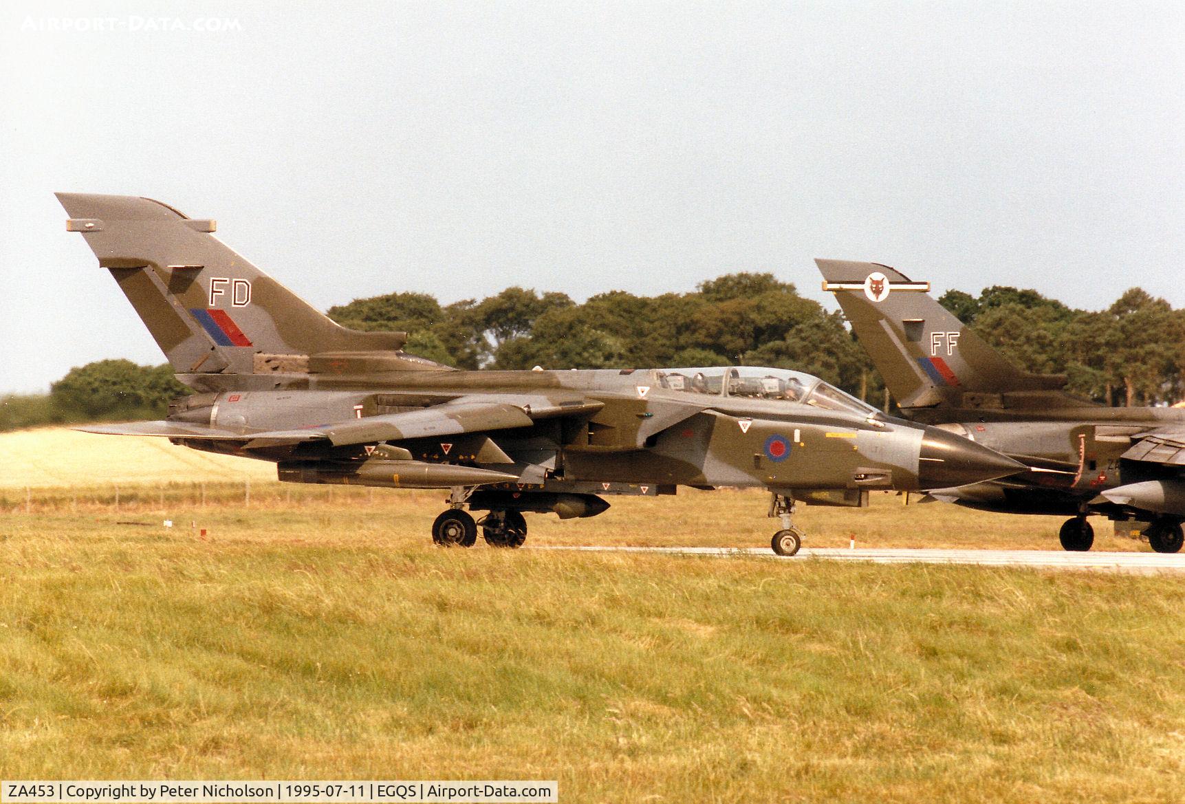 ZA453, 1983 Panavia Tornado GR.1B C/N BS083/249/3119, Tornado GR.1B of 12 Squadron joining the active runway at RAF Lossiemouth in the Summer of 1995.