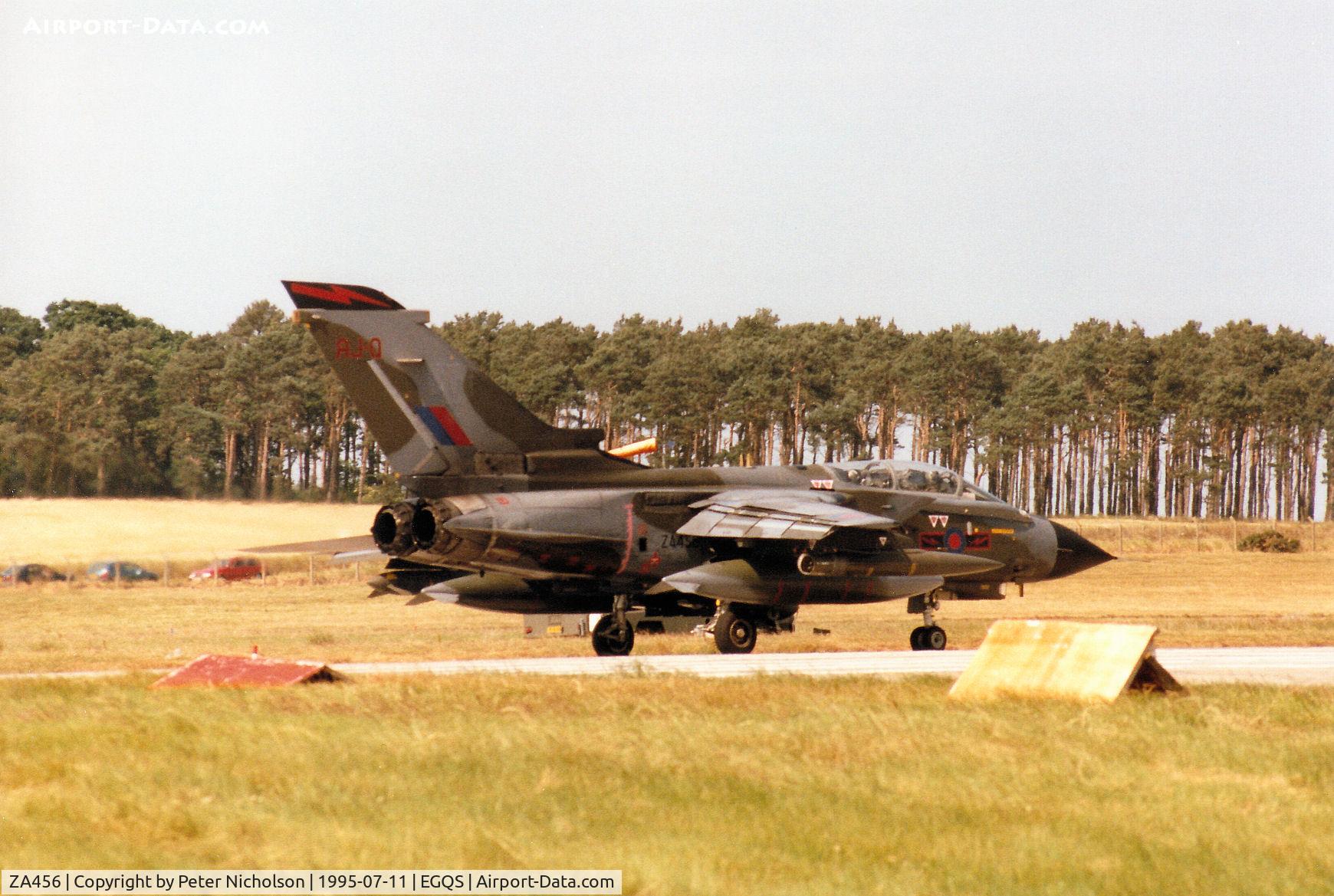 ZA456, 1984 Panavia Tornado GR.1B C/N BS086/257/3122, Tornado GR.1B, callsign Saxon 2, of 617 Squadron lined up on Runway 05 at RAF Lossiemouth in the Summer of 1995.