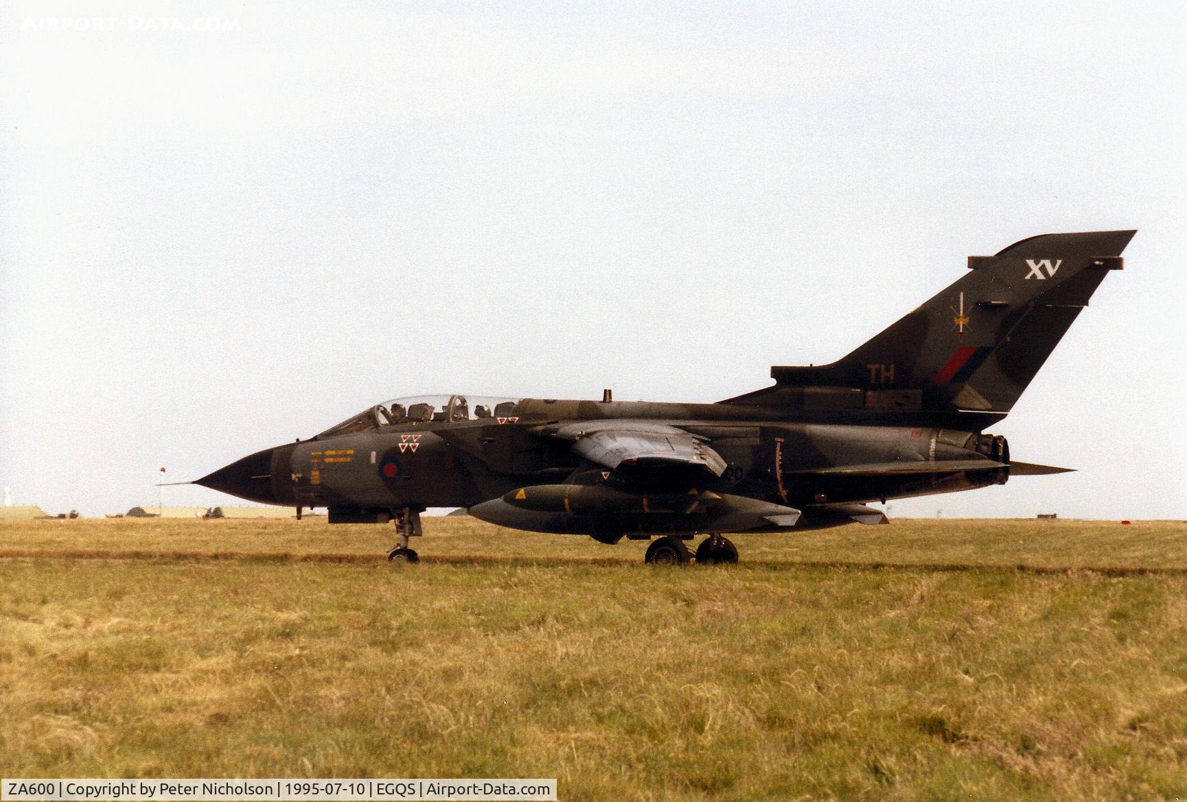 ZA600, 1982 Panavia Tornado GR.1 C/N 122/BS039/2123, Tornado GR.1 of 15[Reserve] Squadron taxying to the active runway at RAF Lossiemouth in the Summer of 1995.