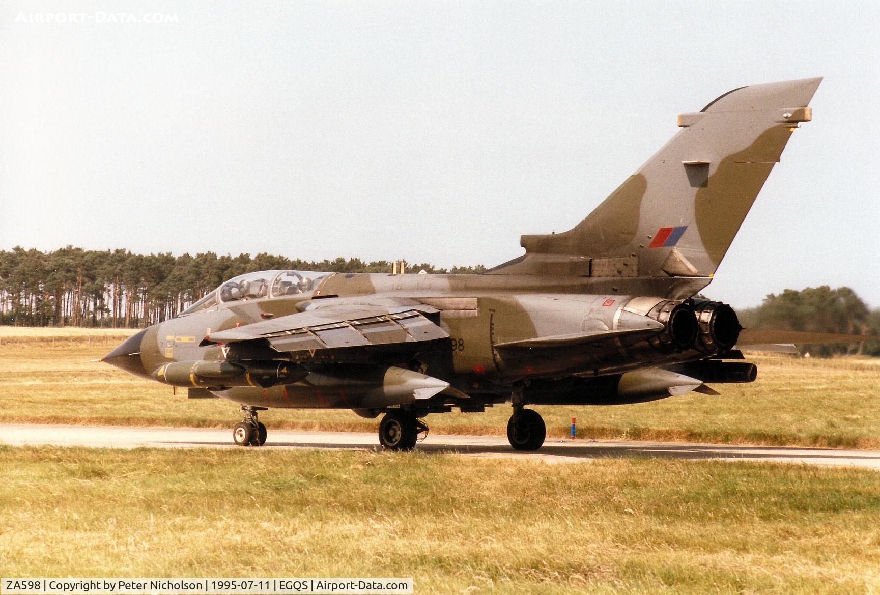 ZA598, 1982 Panavia Tornado GR.1 C/N 118/BT024/3062, Tornado GR.1B of 617 Squadron awaiting clearance to join Runway 05 at RAF Lossiemouth in the Summer of 1995.