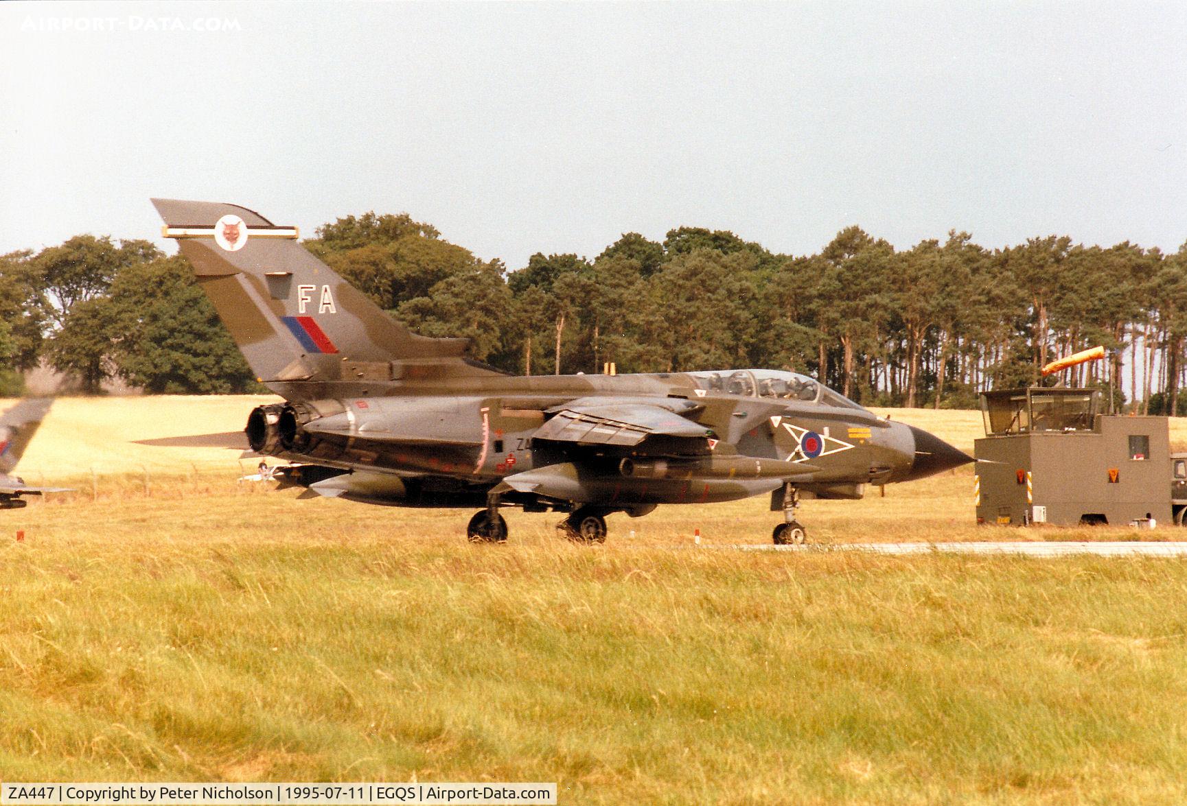 ZA447, 1983 Panavia Tornado GR.1 C/N 235/BS077/3113, Tornado GR.1 of 12 Squadron lining up for take-off on Runway 05 at RAF Lossiemouth in the Summer of 1995.
