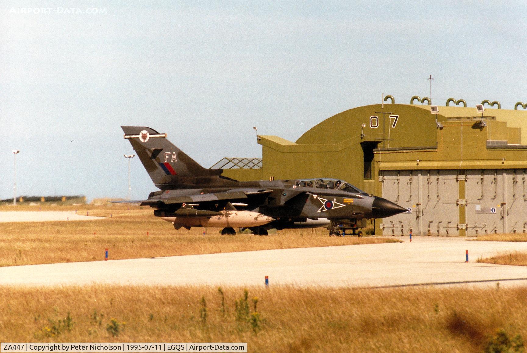 ZA447, 1983 Panavia Tornado GR.1 C/N 235/BS077/3113, Tornado GR.1 of 12 Squadron at RAF Lossiemouth preparing for a mission in the Summer of 1995.