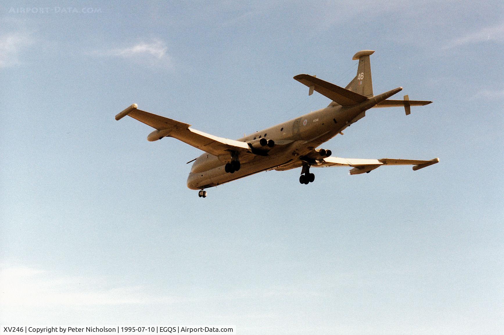 XV246, Hawker Siddeley Nimrod MR.2 C/N 8021, Nimrod MR.2 of the Kinloss Maritime Wing on a practice approach to RAF Lossiemouth in the Summer of 1995.