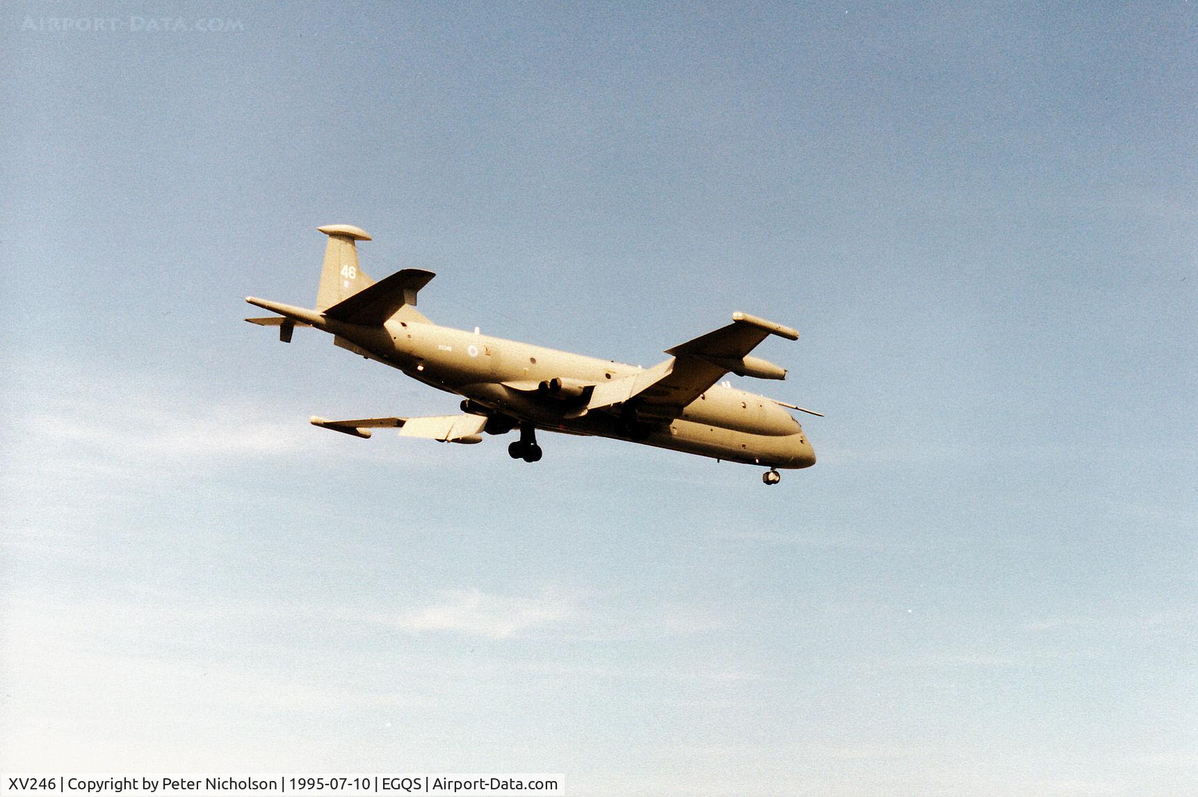 XV246, Hawker Siddeley Nimrod MR.2 C/N 8021, Nimrod MR.2 of the Kinloss Maritime Wing on a practice approach to RAF Lossiemouth in the Summer of 1995.
