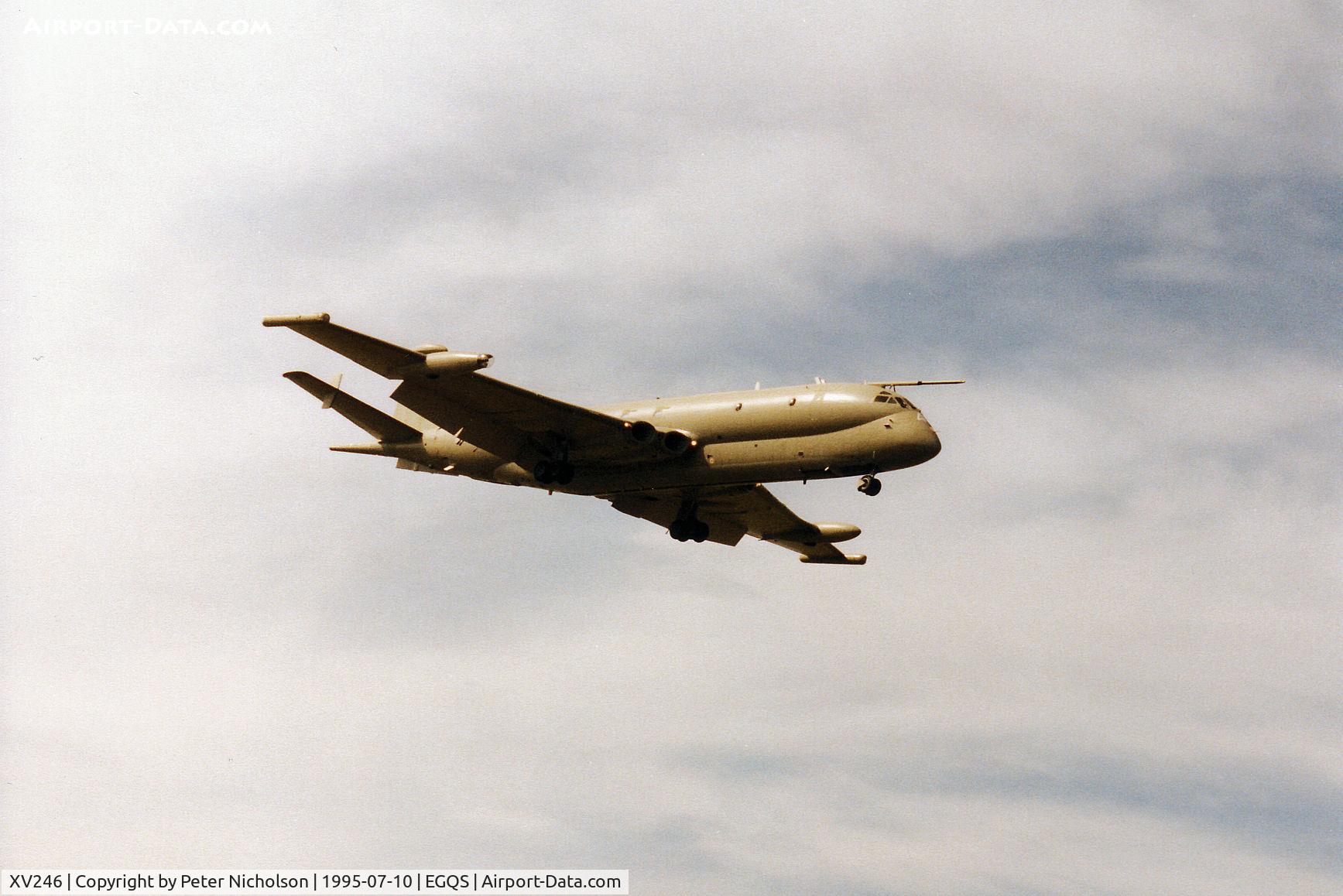 XV246, Hawker Siddeley Nimrod MR.2 C/N 8021, Another view of a Nimrod MR.2 from RAF Kinloss's Maritime Wing on a practice approach to RAF Lossiemouth in the Summer of 1995.