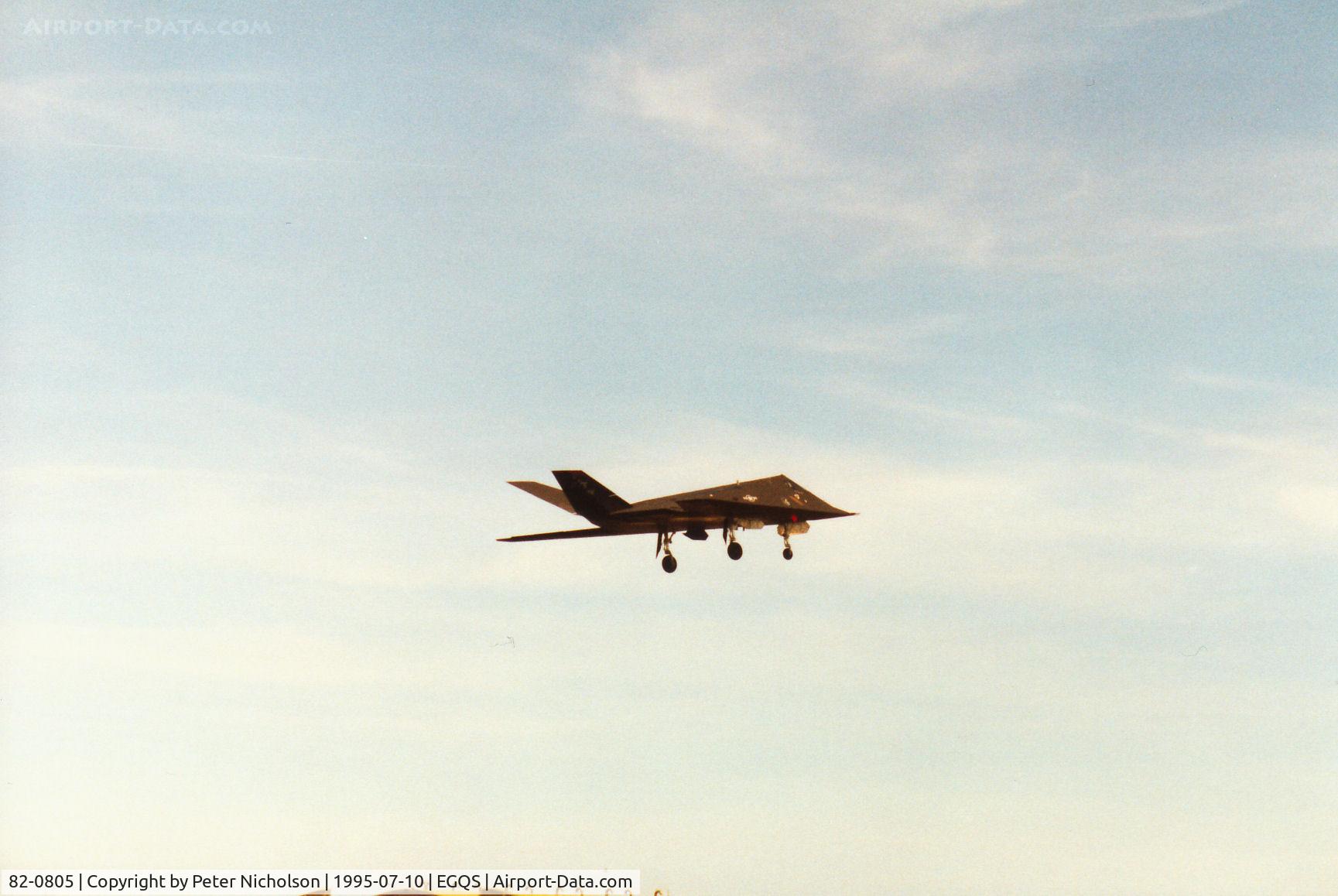 82-0805, 1982 Lockheed F-117A Nighthawk C/N A.4030, F-117A Nighthawk, callsign Stealth 1,  of 9th Fighter Squadron/49th Fighter Wing at Holloman AFB on a practice approach to Runway 10 at RAF Lossiemouth in the Summer of 1995.