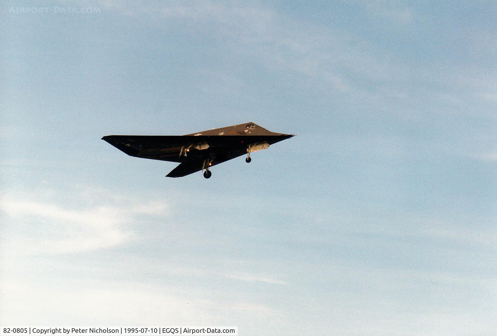 82-0805, 1982 Lockheed F-117A Nighthawk C/N A.4030, Another view of Stealth 2, F-117A Nighthawk on a practice approach to Runway 10 at RAF Lossiemouth in the Summer of 1995 after appearance at the RAF Waddington Airshow.