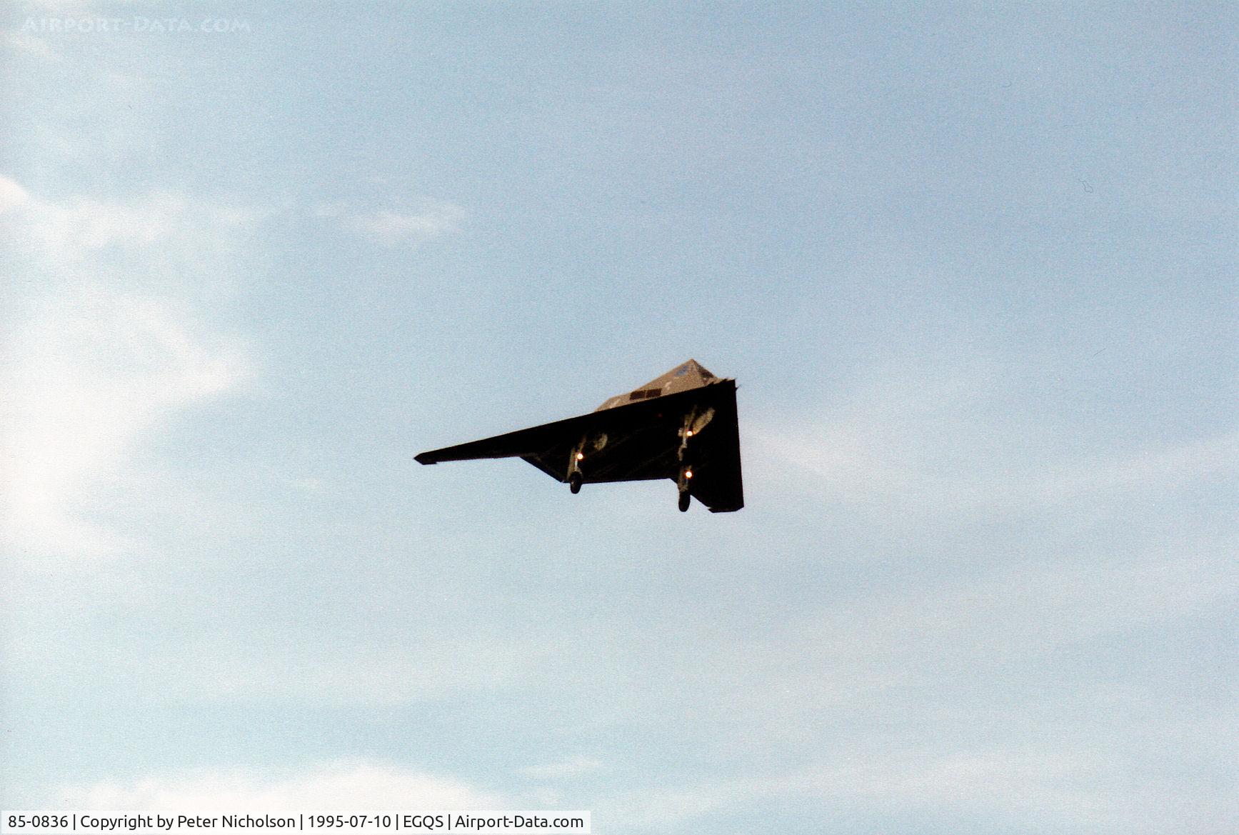 85-0836, 1985 Lockheed F-117A Nighthawk C/N A.4058, F-117A Nighthawk, callsign Stealth 2, of 9th Fighter Squadron/49th Fighter Wing at Holloman AFB on a practice approach to Runway 10 at RAF Lossiemouth in the Summer of 1995.