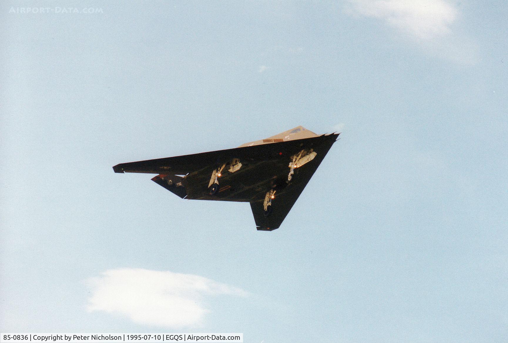 85-0836, 1985 Lockheed F-117A Nighthawk C/N A.4058, F-117A Nighthawk, callsign Stealth 2, of Holloman AFB's 49th Fighter Wing on  a practice approach to Runway 10 at RAF Lossiemouth in the Summer of 1995.