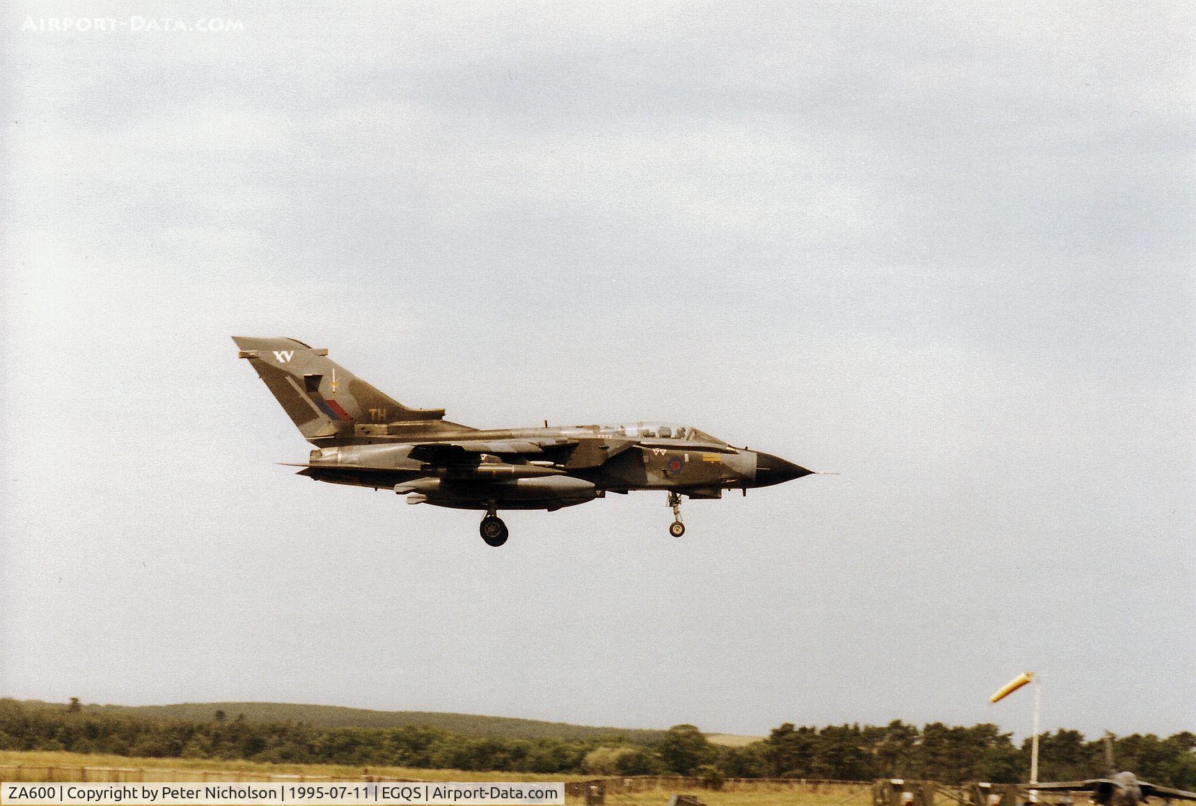 ZA600, 1982 Panavia Tornado GR.1 C/N 122/BS039/2123, Tornado GR.1 of 15[Reserve] Squadron landing on Runway 05 at RAF Lossiemouth in the Summer of 1995.