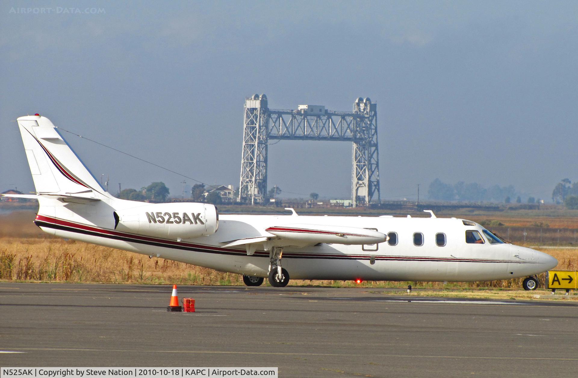 N525AK, 1995 Israel Aircraft Industries IAI-1124 Westwind C/N 260, Framed by the Napa River RR Bridge this Crown Air (Bend, OR) 1995 Westwind 1124 taxis for flight to KUAO (Aurora State Airport, OR)