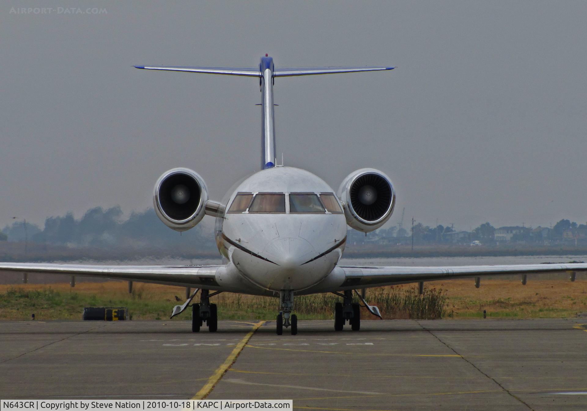 N643CR, 1982 Canadair Challenger 600S (CL-600-1A11) C/N 1055, Head-on shot of Monfort Aviation (Eaton, CO) 1982 CL-600 Challenger on arrival from KOMA (Eppley Field, Omaha, NB) - Napa River in background