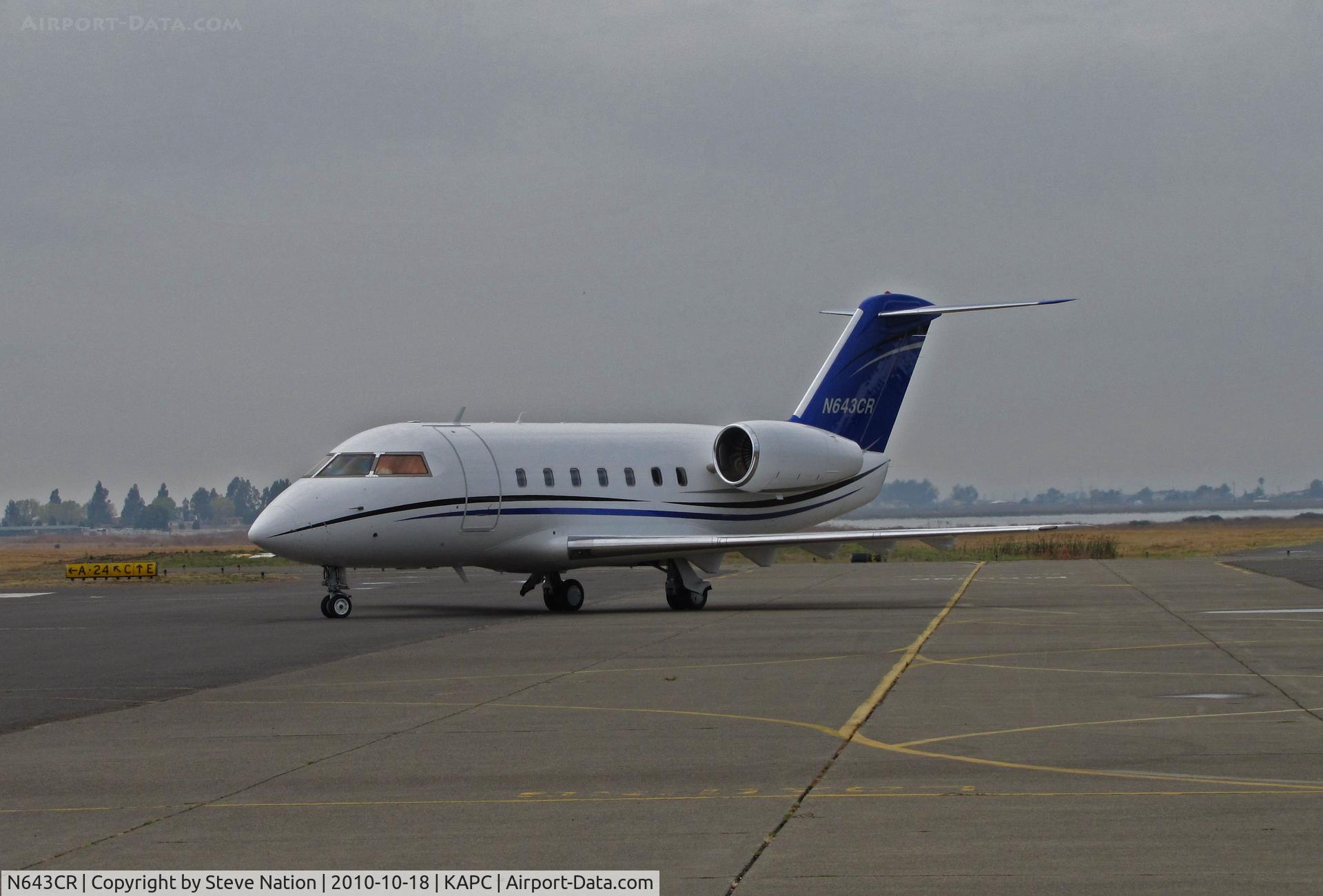 N643CR, 1982 Canadair Challenger 600S (CL-600-1A11) C/N 1055, Monfort Aviation (Eaton, CO) 1982 CL-600 Challenger taxis onto Napa Airport bizjet ramp on arrival from KOMA (Eppley Field, Omaha, NB)
