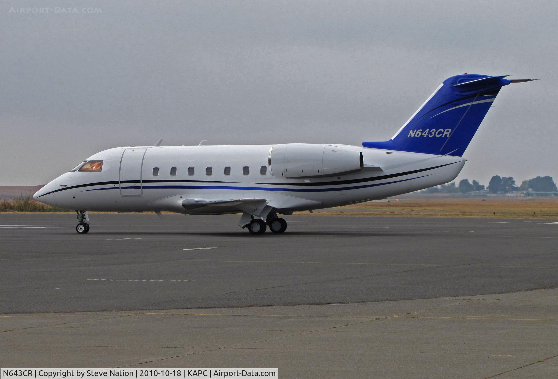 N643CR, 1982 Canadair Challenger 600S (CL-600-1A11) C/N 1055, Monfort Aviation (Eaton, CO) 1982 CL-600 Challenger taxis onto Napa Airport bizjet ramp on arrival from KOMA (Eppley Field, Omaha, NB)