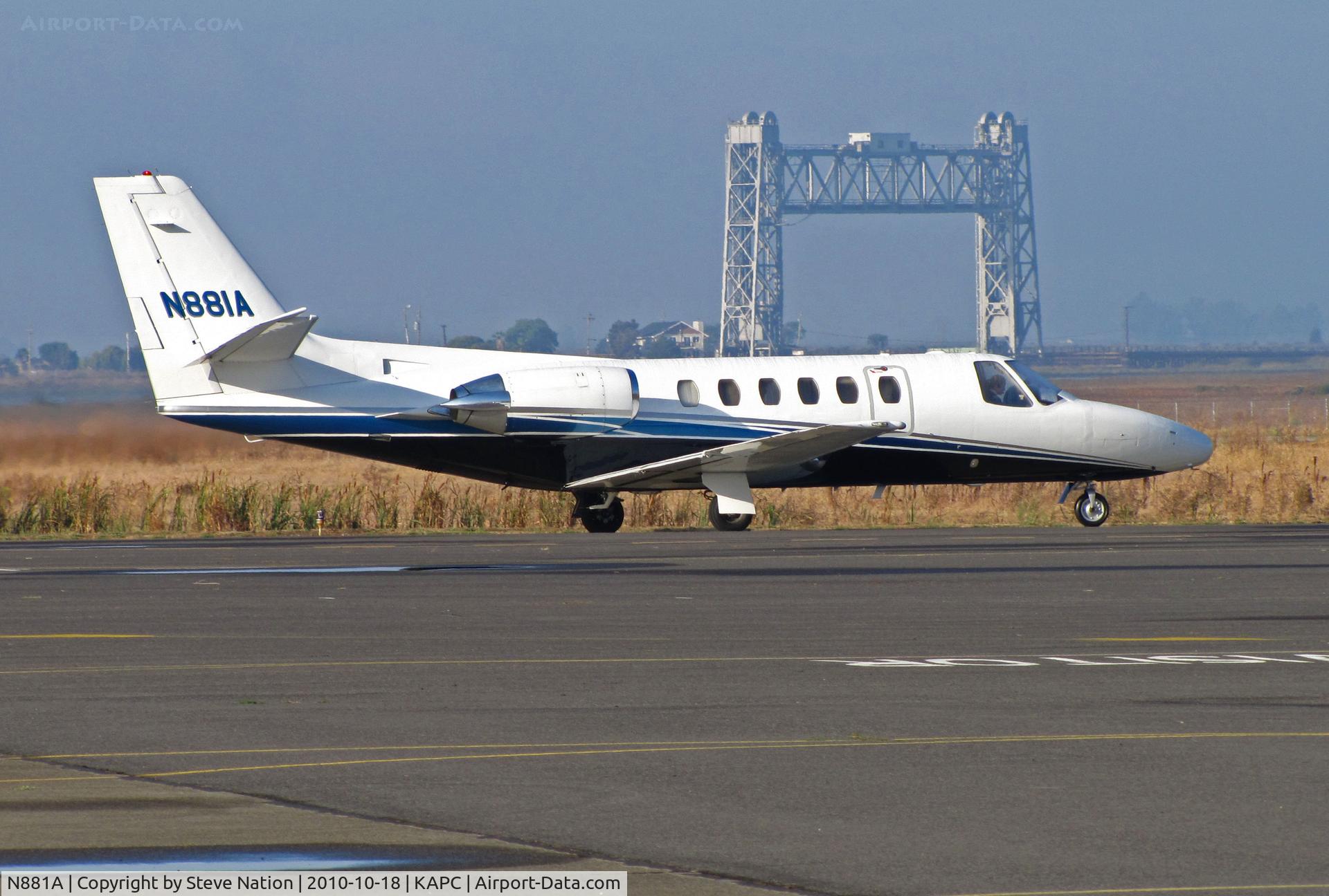 N881A, 1987 Cessna S550 Citation IIS C/N S550-0139, Framed by the historic Napa River RR Bridge this California Wings Investments (Brea, CA) 1987 Cessna S550 taxis for flight to KSBA (Santa Barbara, CA)