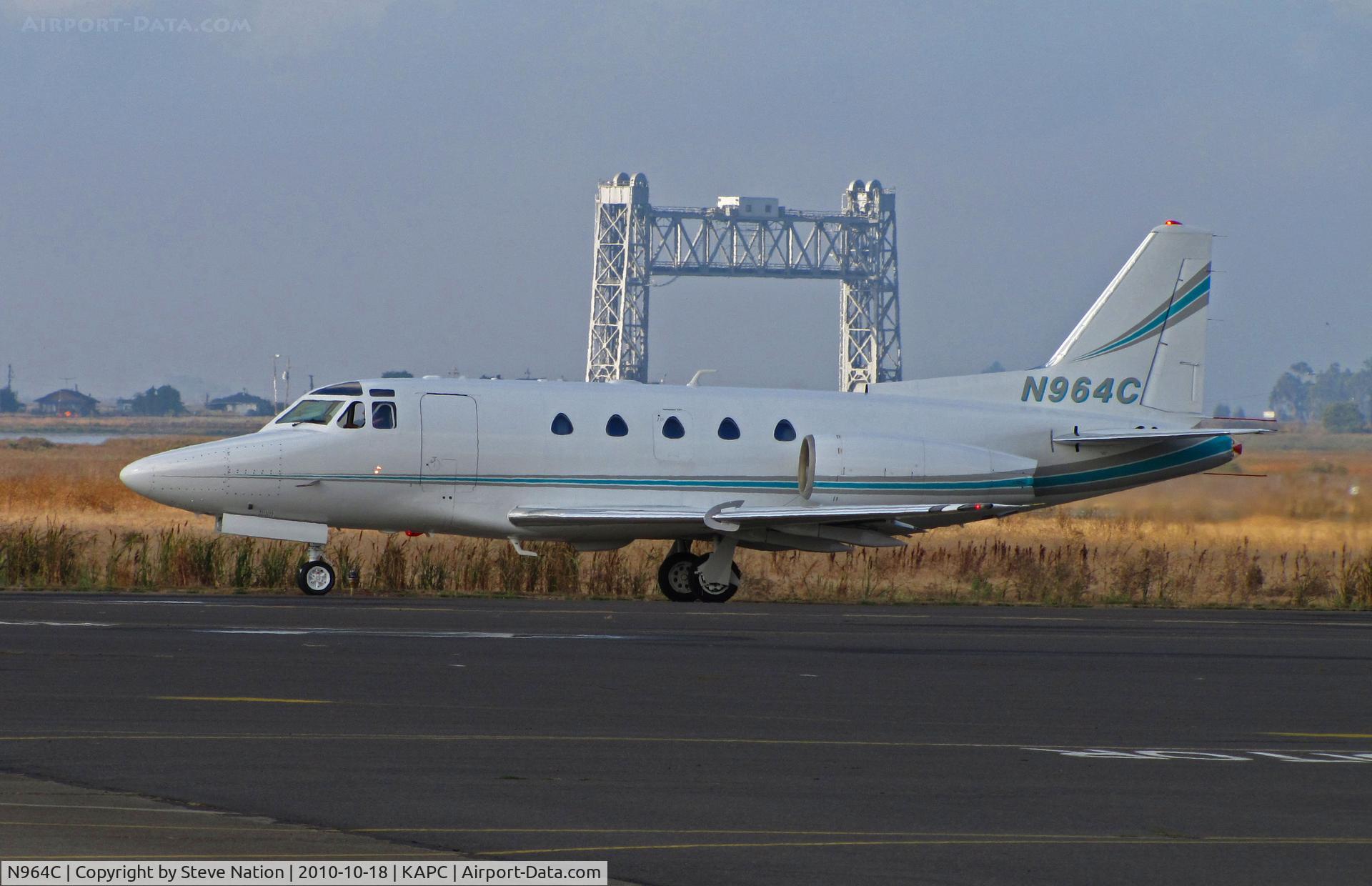 N964C, 1981 Rockwell International NA-265-65 Sabreliner 65 C/N 465-66, Framed by the Napa River RR Bridge, Ball-Foster Aircraft Holding Corp. (Muncie, IN) 1981 Sabreliner 65 on arrival at Napa