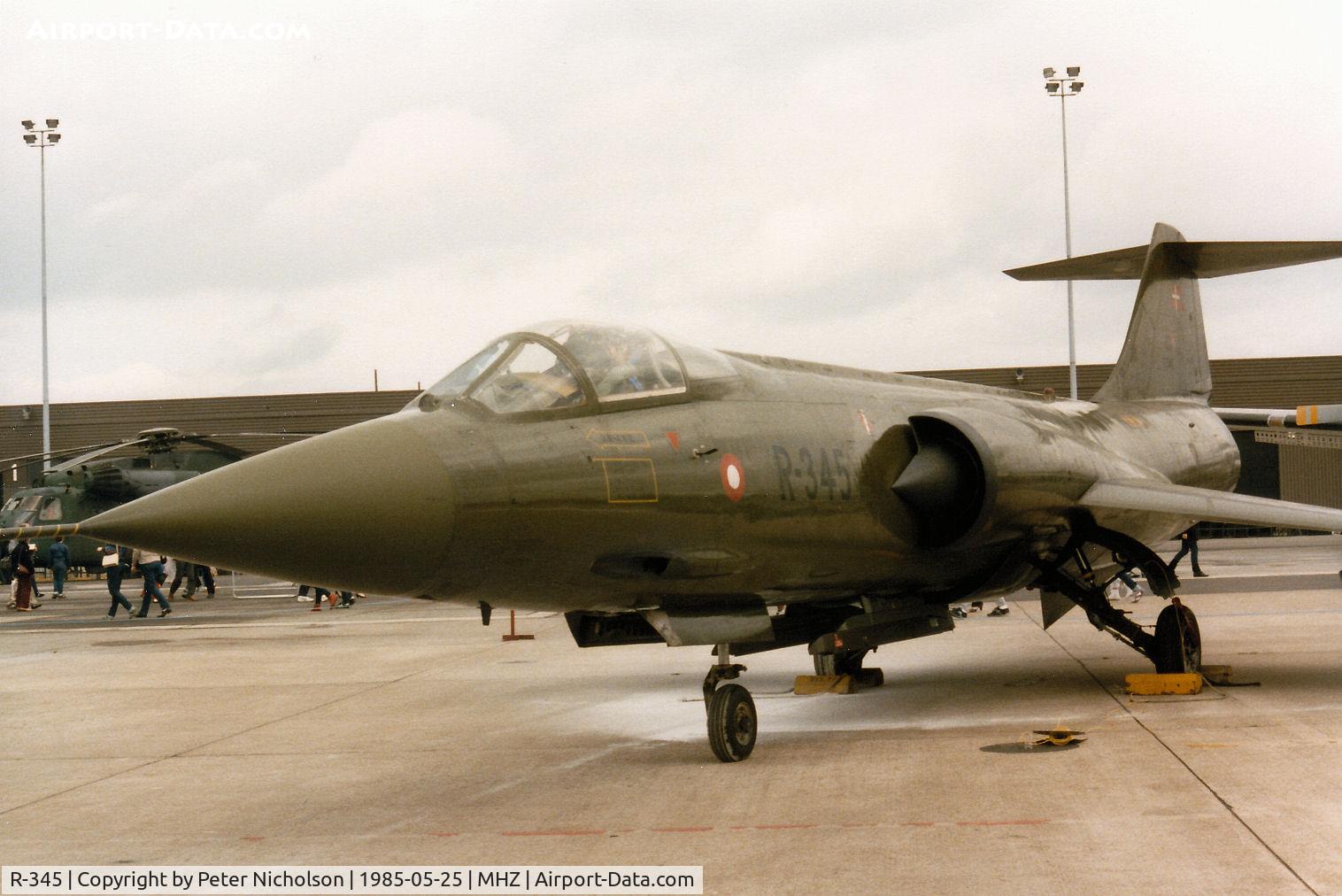 R-345, Lockheed F-104G Starfighter C/N 683D-6044, F-104G Starfighter of Eskradille 726 Royal Danish Air Force at Aalborg on display at the 1985 RAF Mildenhall Air Fete.