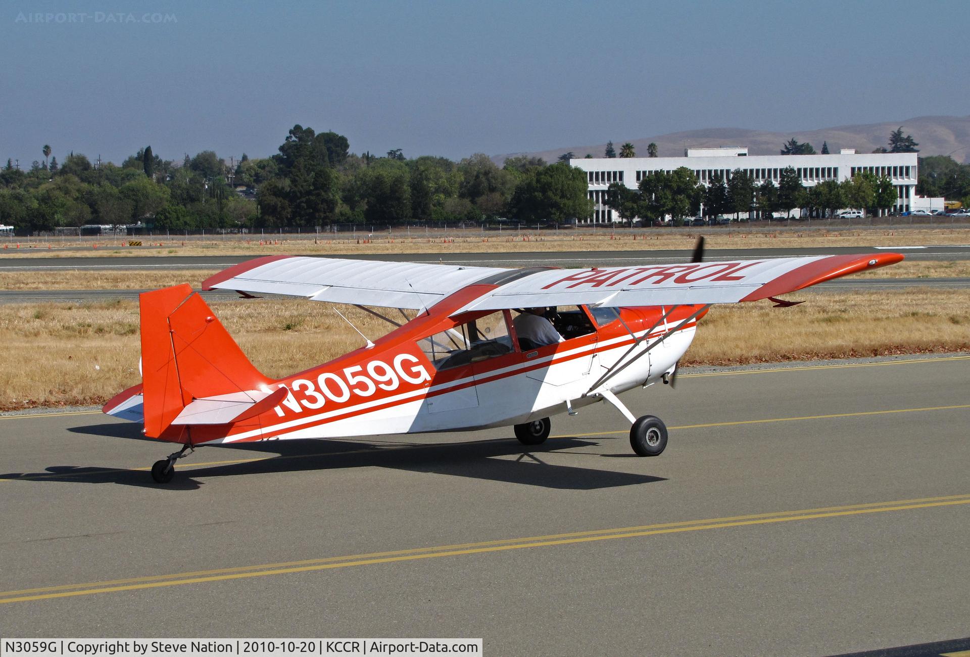 N3059G, 1968 Champion 7GCBC C/N 37, PATROL on starboard wing says it all - KCSI Aerial Patrol (Bakersfield) 1968 Champ 7GCBC taxis for take-off and pipeline patrol flight north