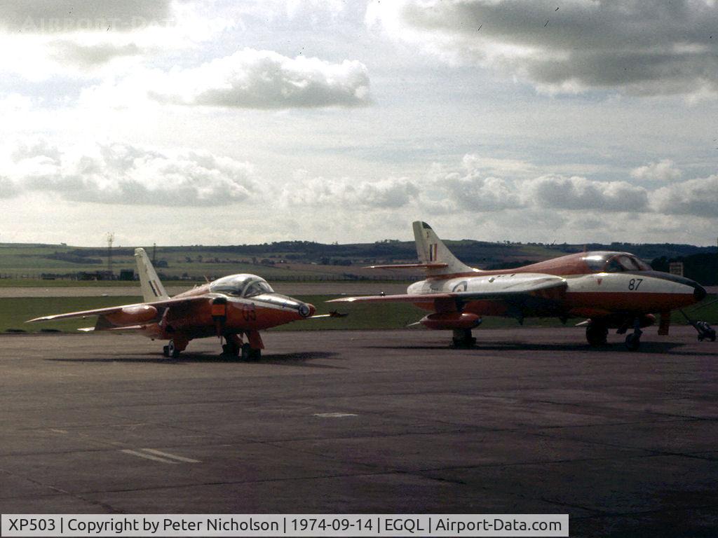 XP503, 1962 Folland Gnat T.1 C/N FL518, Gnat T.1 of 4 Flying Training School at RAF Valley alongside Hunter T.7 XL597 from the same unit on display at the 1974 RAF Leuchars Airshow.