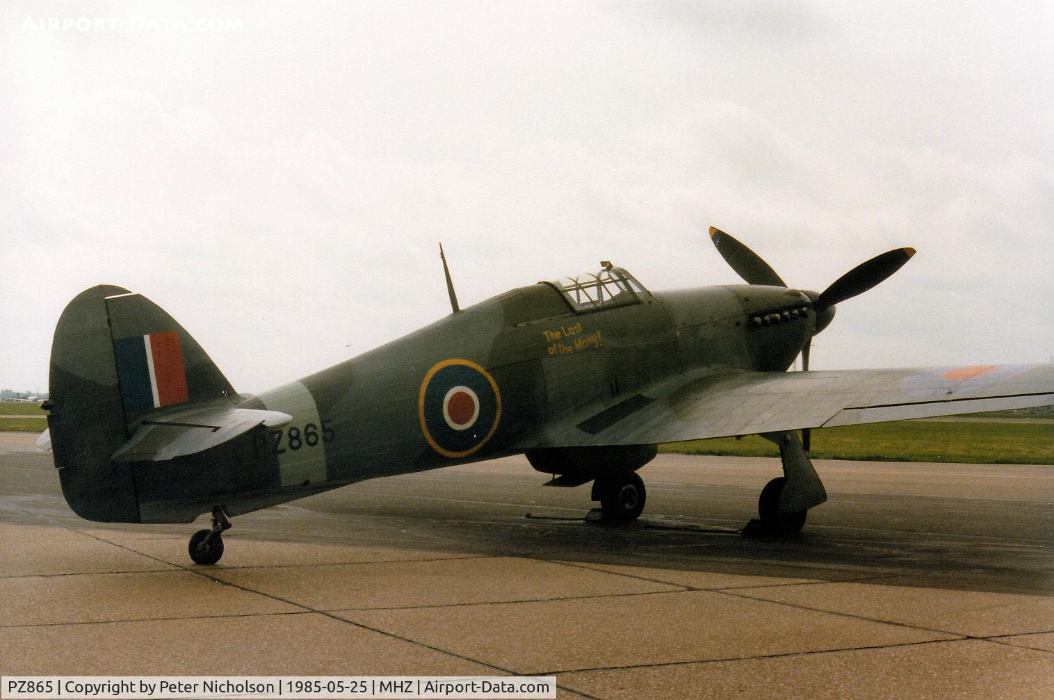 PZ865, 1944 Hawker Hurricane IIC C/N PZ865, Hurricane IIC of the Battle of Britian Memorial Flight based at RAF Coningsby attended the 1985 RAF Mildenhall Air Fete.