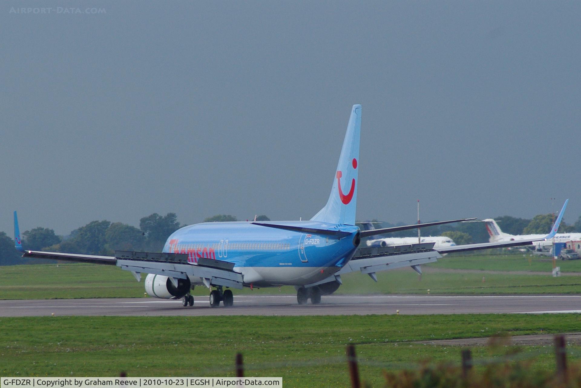 G-FDZR, 2009 Boeing 737-8K5 C/N 35145, Touching down at Norwich.