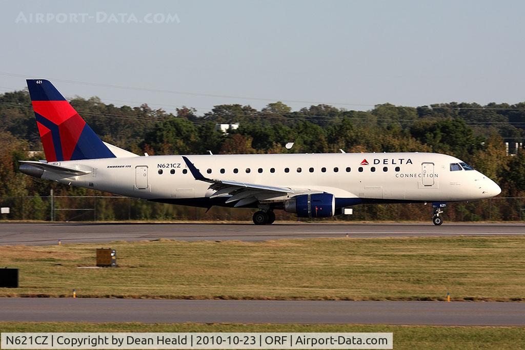 N621CZ, 2008 Embraer 175LR (ERJ-170-200LR) C/N 17000218, Delta Connection (Compass Airlines) N621CZ (FLT CPZ5681) rolling out on RWY 23 after arrival from Minneapolis/St Paul Int'l (KMSP).